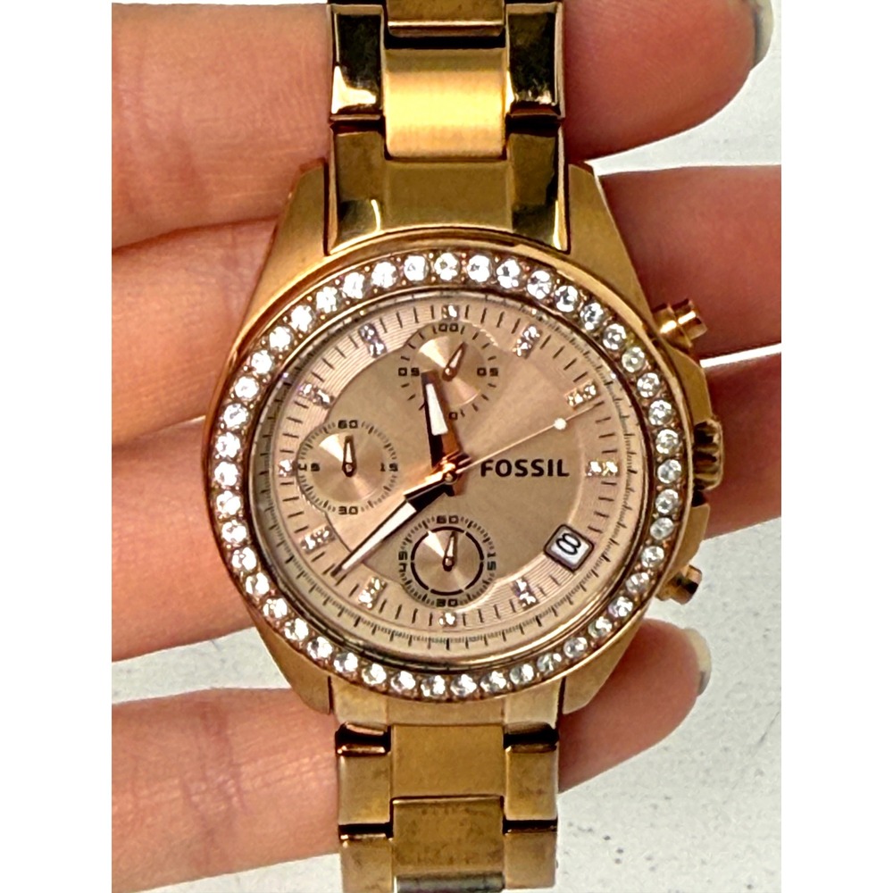 Fossil Rose Gold Tone Stainless Steel Crystal Bezel Chronograph Watch ES3352